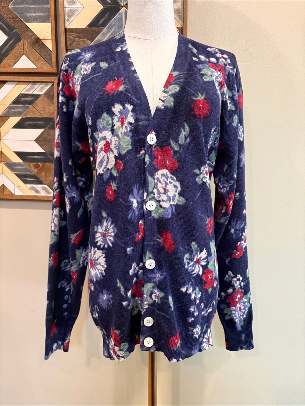Vintage Ralph Lauren Blue Label Navy Floral Lambswool Cardigan Sweater sz Medium